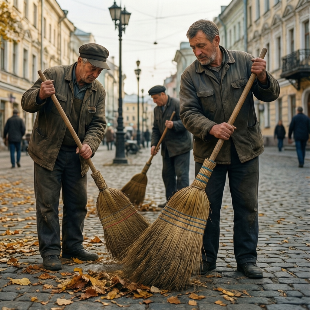 Дворники и уборщики на работе